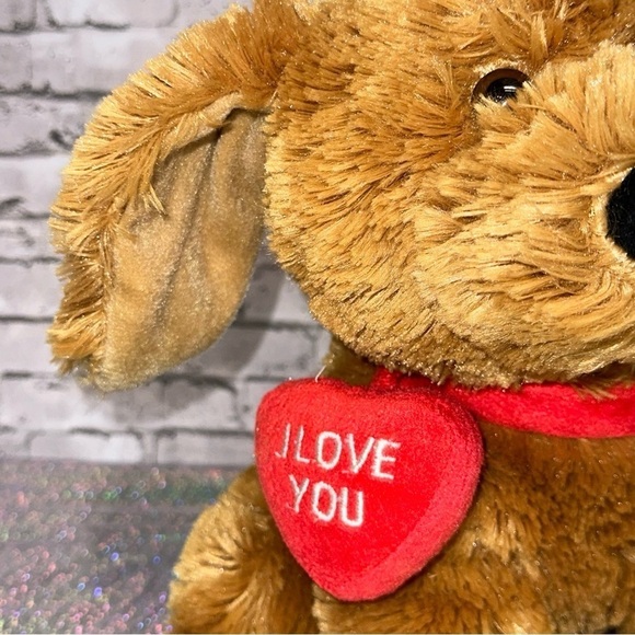 Christa Playful Plush I LOVE YOU Tan DOG Plush Stuffed Animal Red Heart Shaggy - Picture 4 of 11